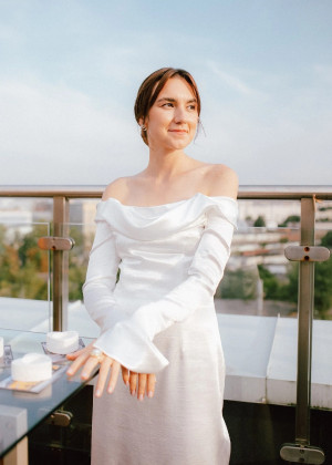 Off Shoulder Ivory Satin Slit Wedding Dress
